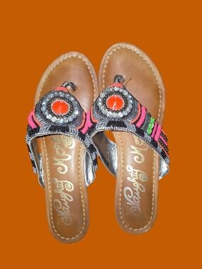 Beaded Women's Slip-On Sandals in Brown and Neon Accents